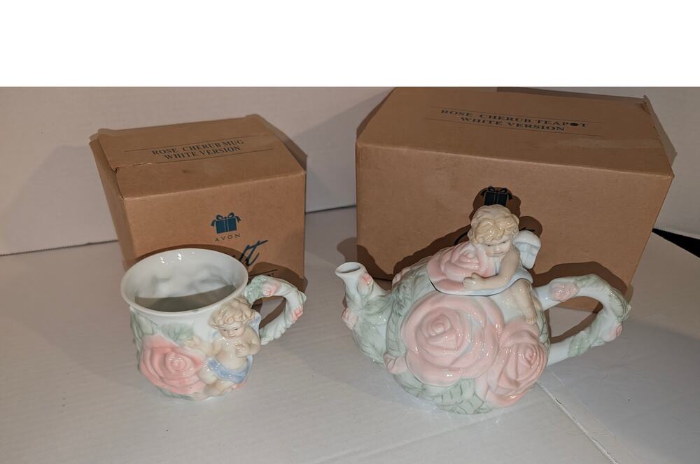 Vintage Beautiful AVON Cherub Angel Mug Roses Teapot Blue Pink Green